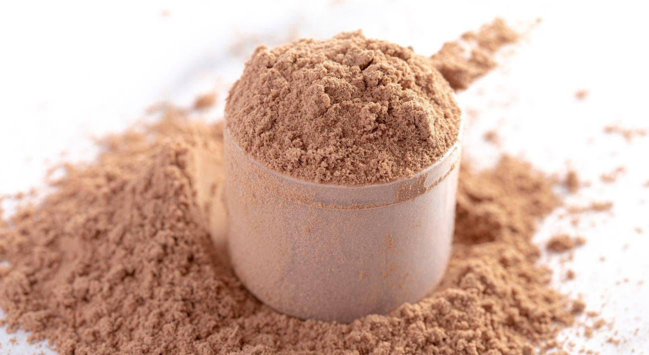 This is a picture of a scoop of Chocolate Caramel Cappuccino Whey Protein Concentrate on a white background