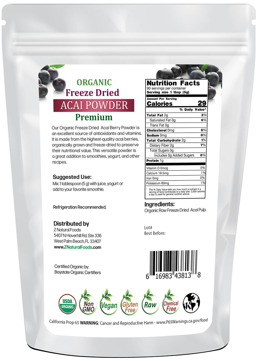 Acai Berry Powder Premium - Organic Freeze Dried back of the bag image Z Natural Foods 