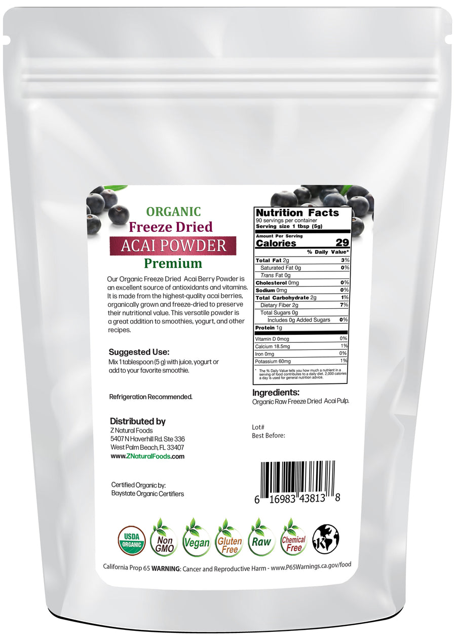 Acai Berry Powder Premium - Organic Freeze Dried back of the bag image Z Natural Foods 5 lbs