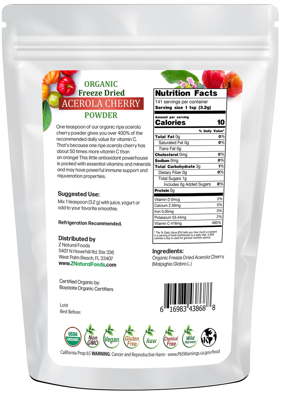 Acerola Cherry Powder - Organic Freeze Dried back of the bag image Z Natural Foods 