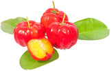 Image of 3 fresh red ripe Acerola Cherries and a half one