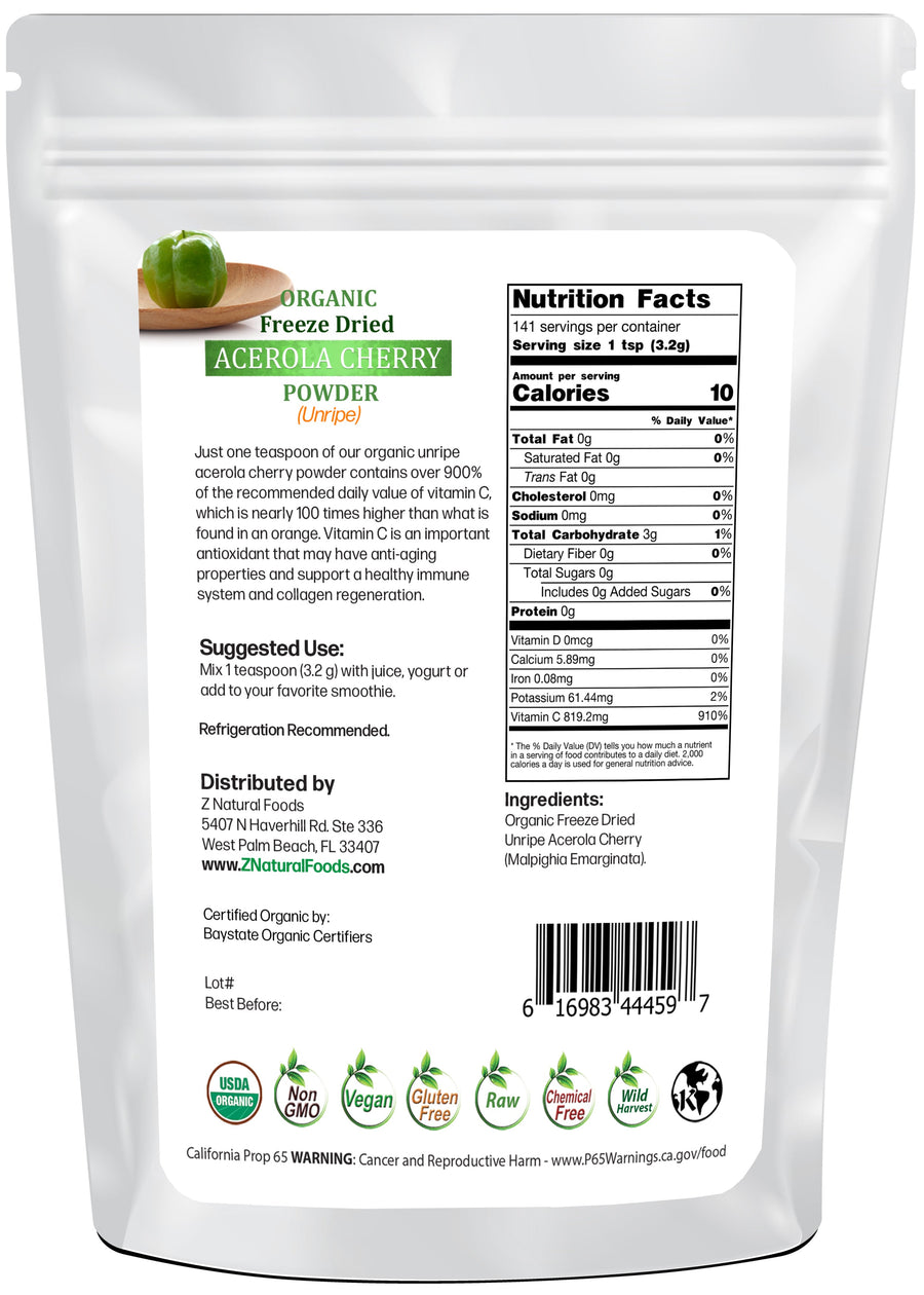 Back of the bag image of Acerola Cherry Unripe Powder - Organic Freeze Dried from Z Natural Foods 1 lb