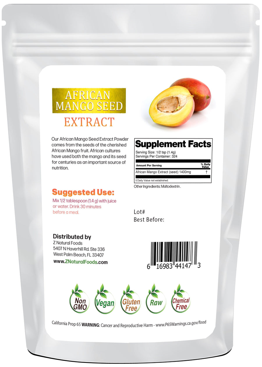 Image of back of the bag African Mango Seed Extract Powder 1 lb