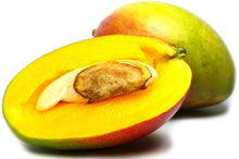 Image of ripe African Mango split in half on white background