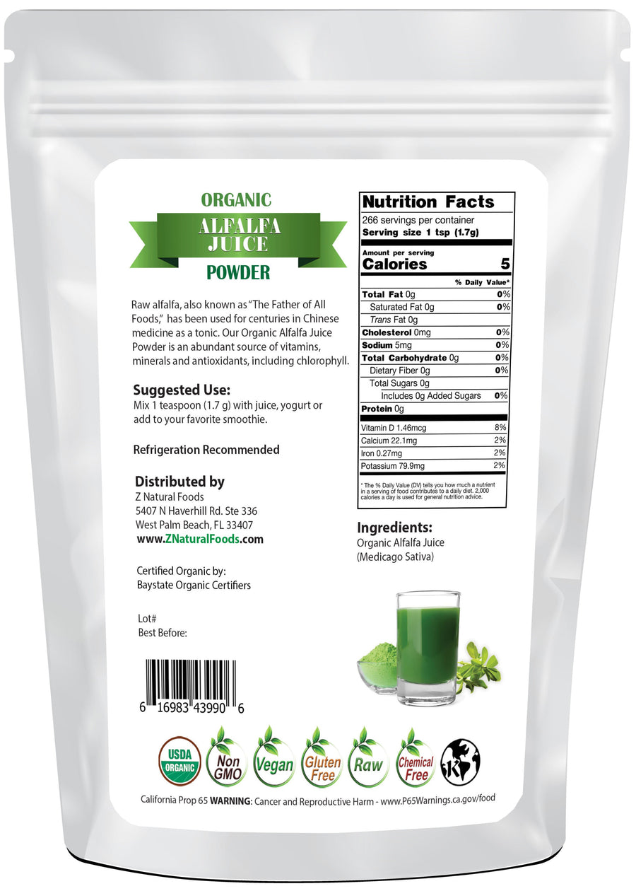 Alfalfa Juice Powder - Back of bag image 1 lb Z Natural Foods 