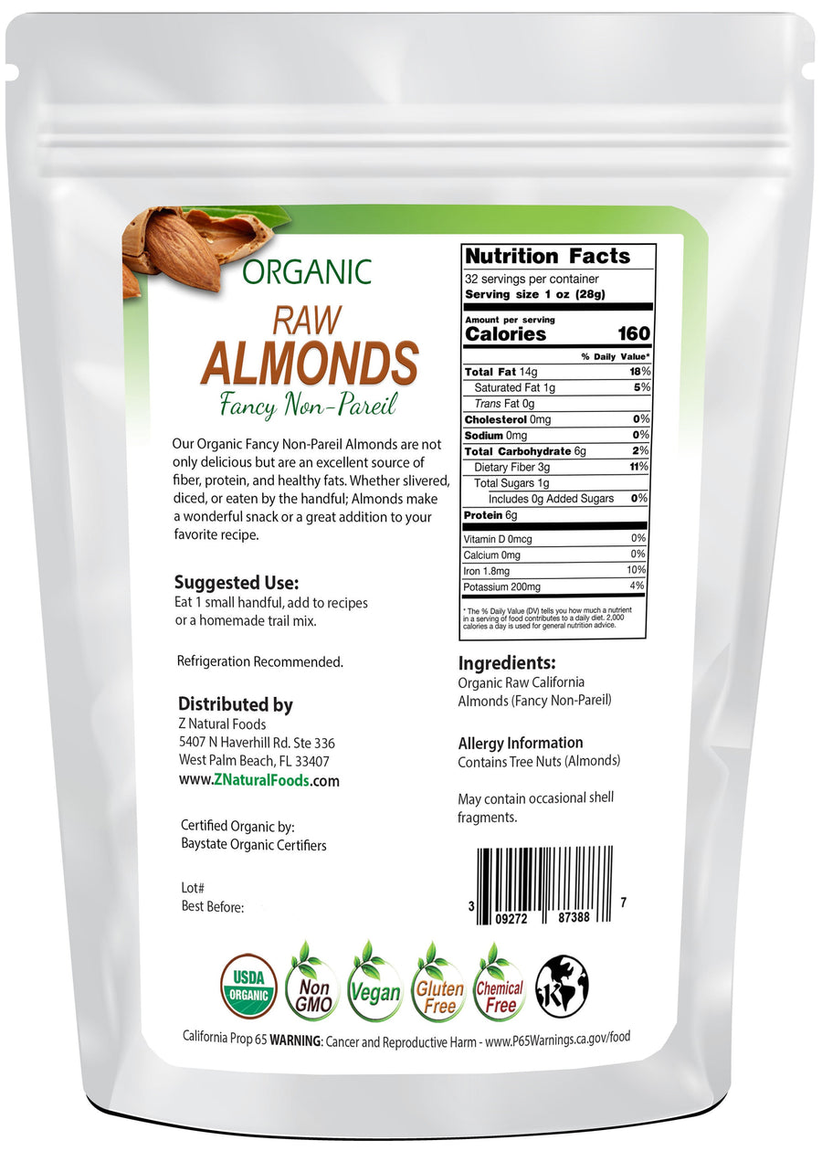 Photo of back of 2 lb bag of Almonds - Raw Organic