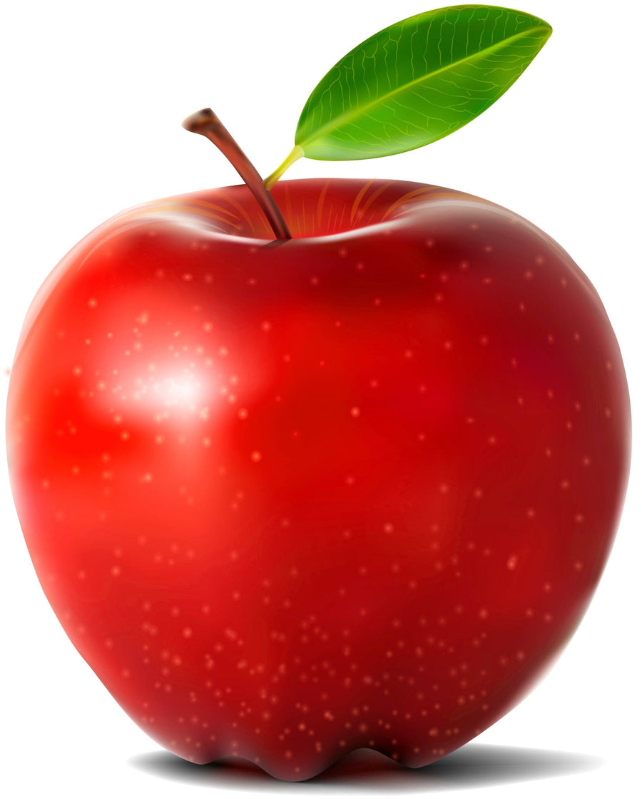 Image of single red ripe apple with stem and single leaf at top