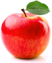 Image of whole red apple with short stem and single leaf