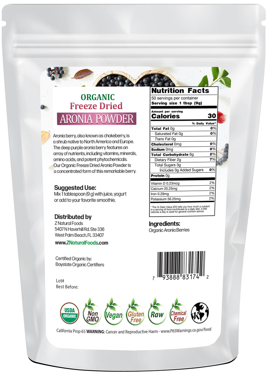Aronia Powder - Organic Freeze Dried back of bag image Z Natural Foods 