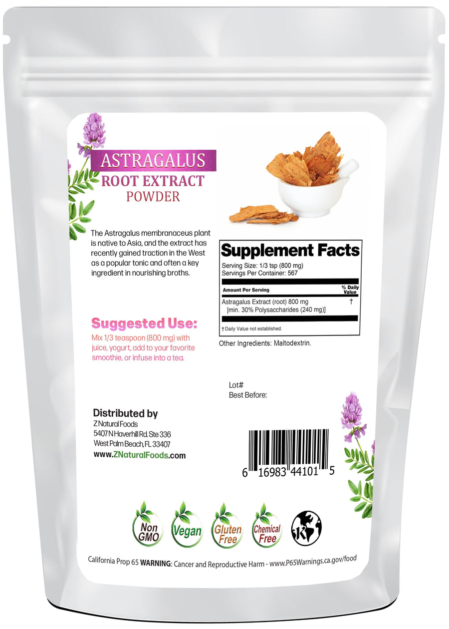 Image of the back of the 1 lb bag of Astragalus Root Extract Powder Z Natural Foods 