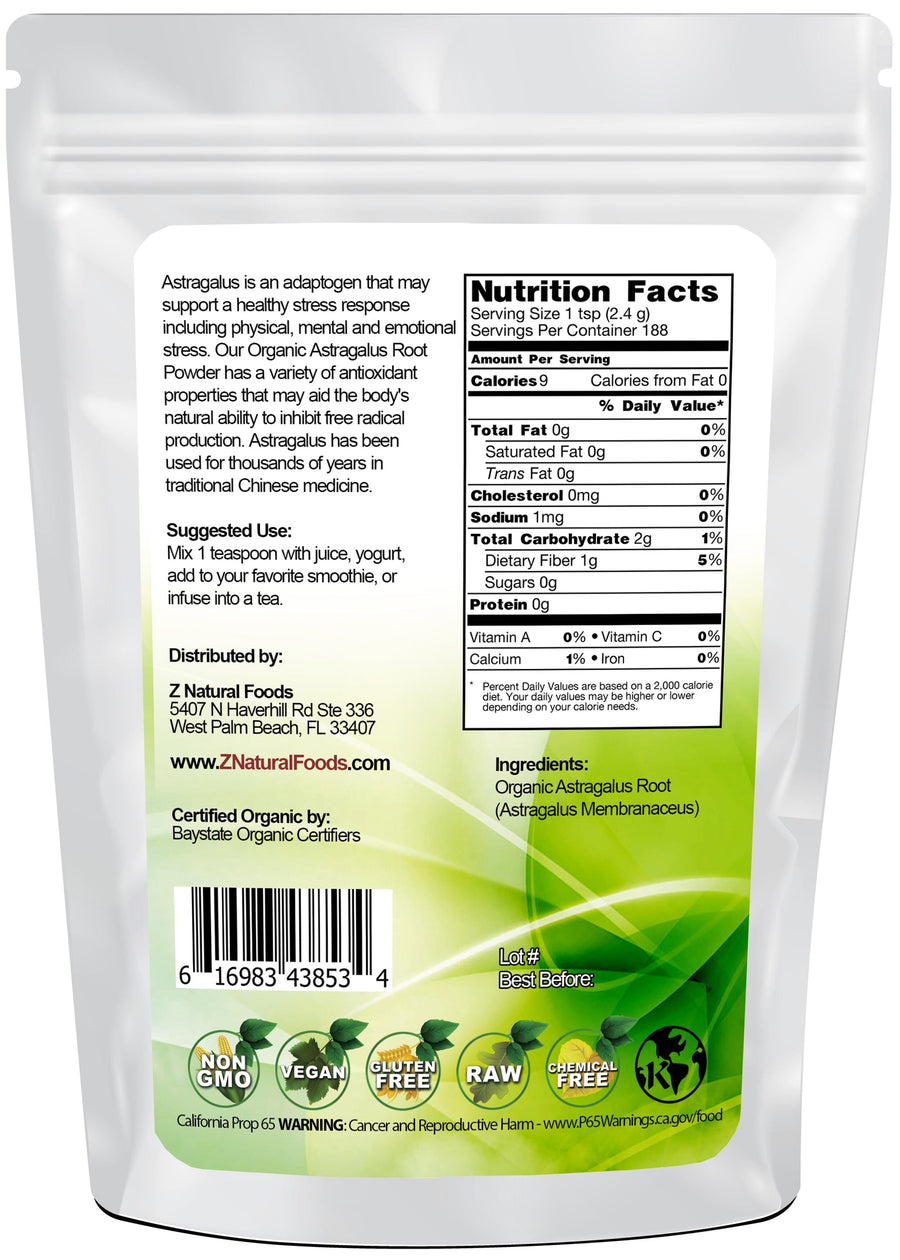 Astragalus Root Powder - Organic back of the bag image Z Natural Foods 