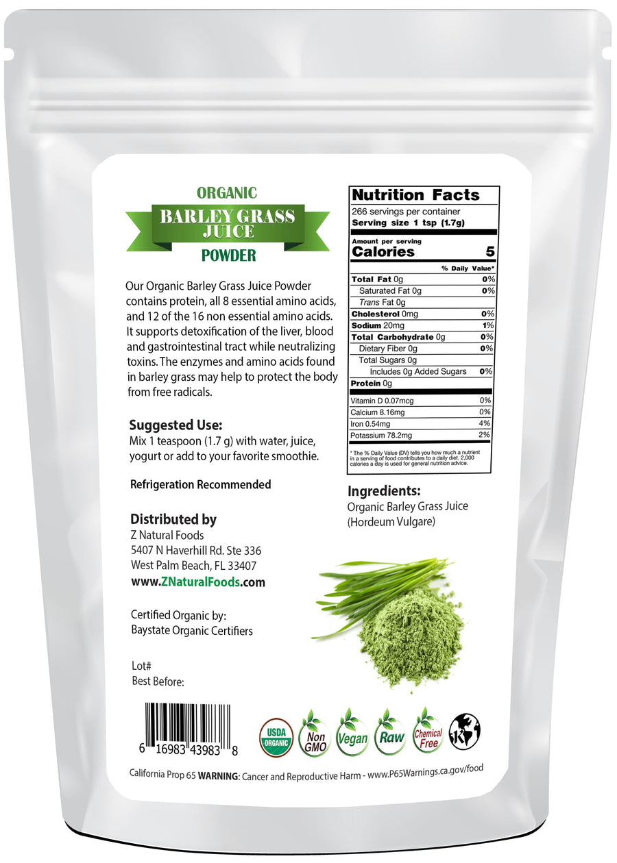 Barley Grass Juice Powder - Organic back of the bag image Z Natural Foods 1 lb
