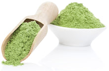 Barley Grass Powder with wooden spoon in a pile and in a white bowl