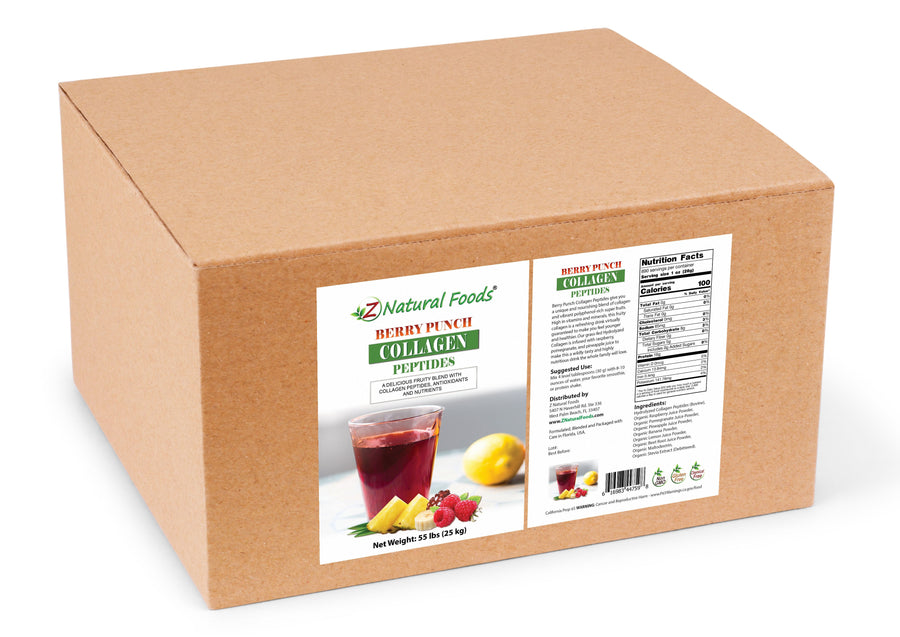 Image of back of 5 lb bag of Berry Punch Collagen Peptides Protein back of bag image Z Natural Foods 