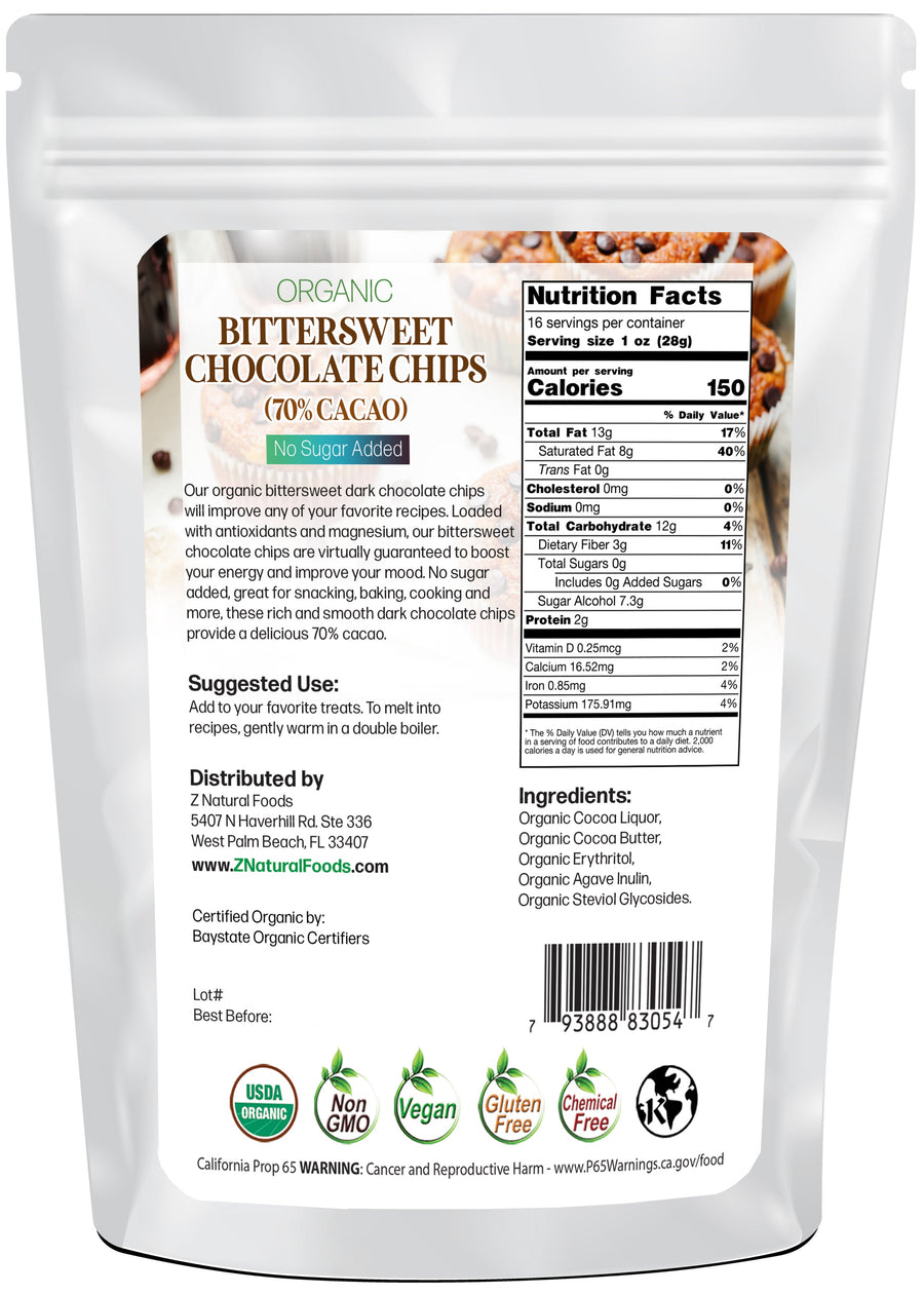Bittersweet Chocolate Chips (70% Cacao) No Sugar Added - Organic back of bag image 1 lb