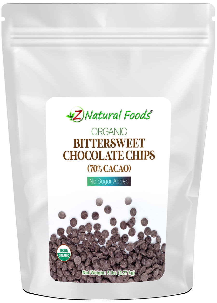 Bittersweet Chocolate Chips (70% Cacao) No Sugar Added - Organic front of bag image 5 lb