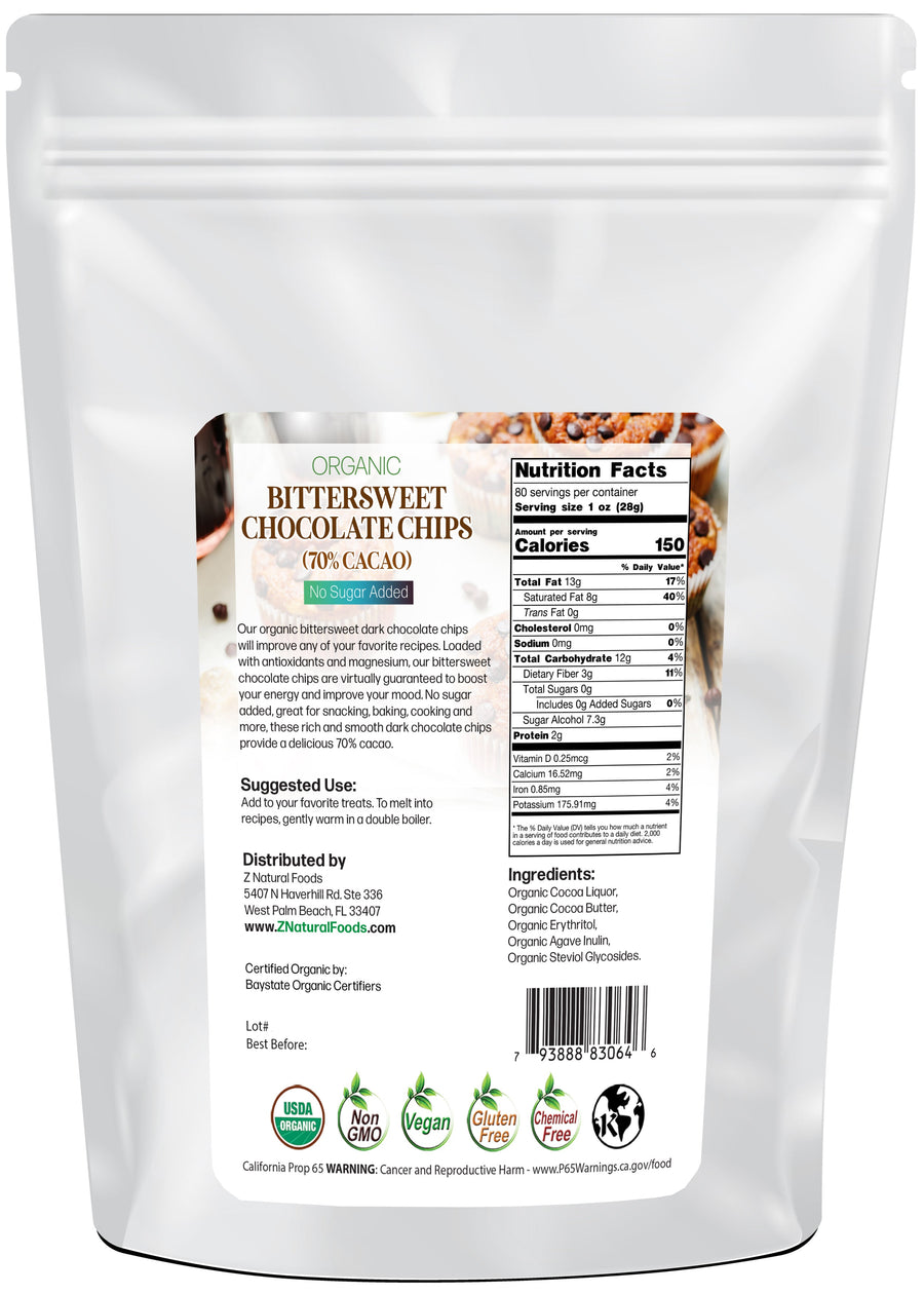 Bittersweet Chocolate Chips (70% Cacao) No Sugar Added - Organic back of bag image 5 lb