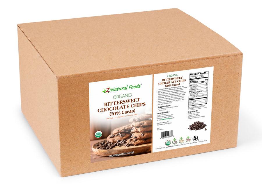 Bittersweet Chocolate Chips (70% Cacao) - Organic front and  back label image for bulk