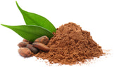 Cacao Powder with beans and green leaf's on white  background