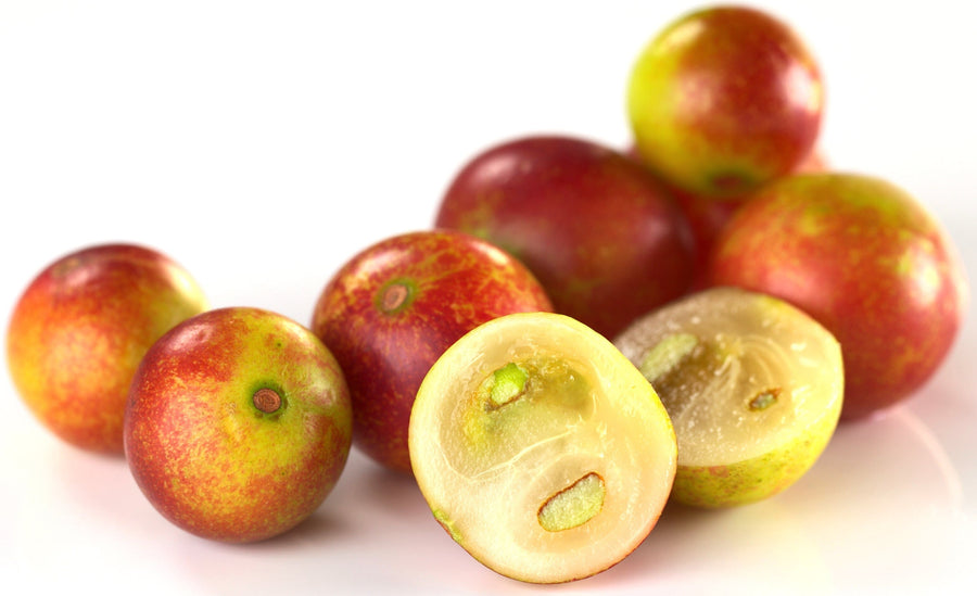 Image of whole red and yellow Camu Camu fruits