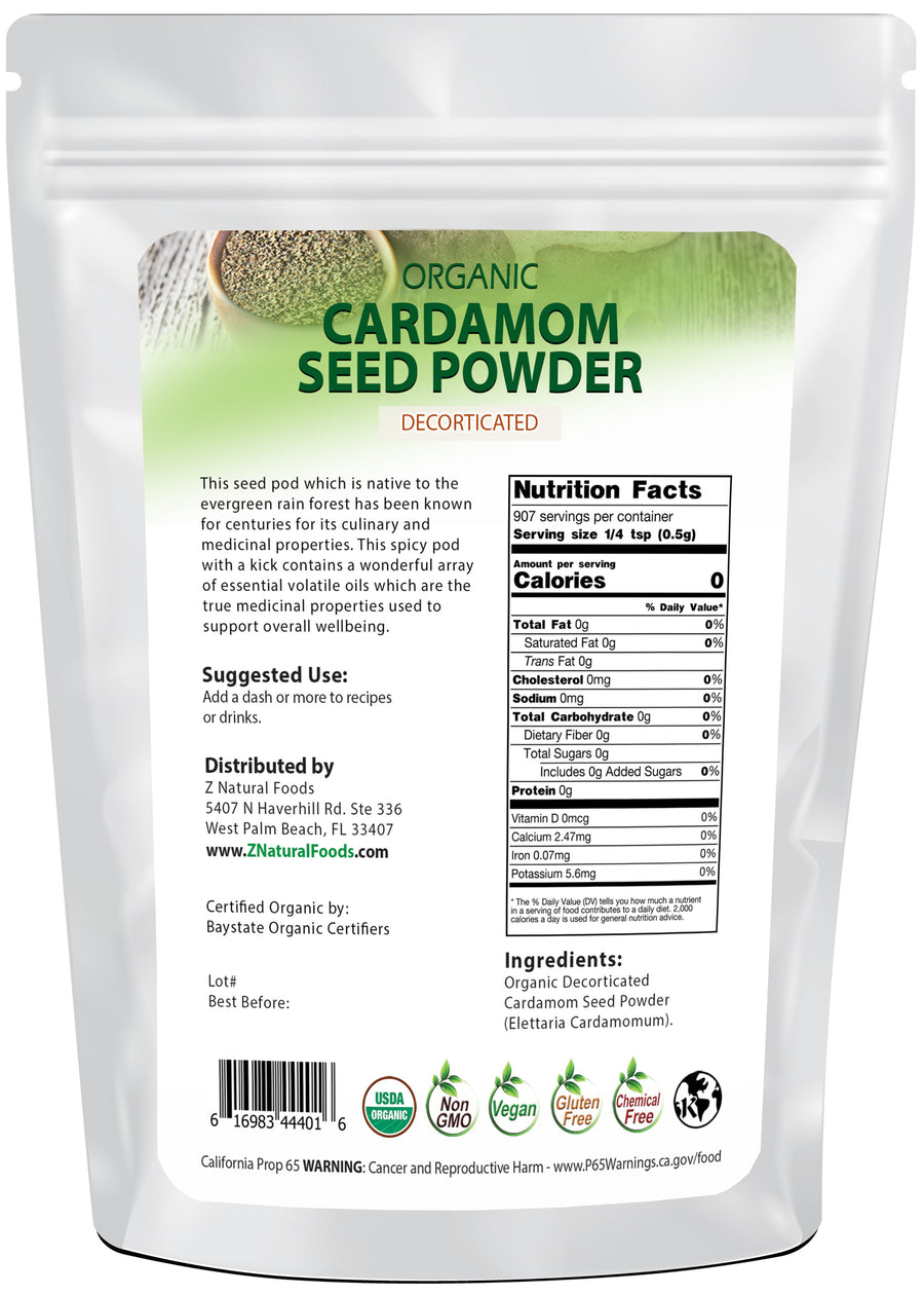 Back of the bag 1 lb image of Cardamom Seed Powder - Organic