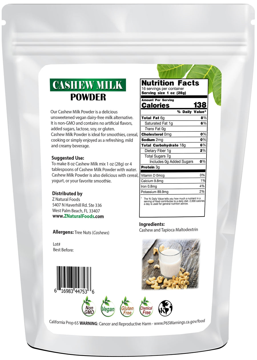 Cashew Milk Powder back of the bag image 1 lb Z Natural Foods