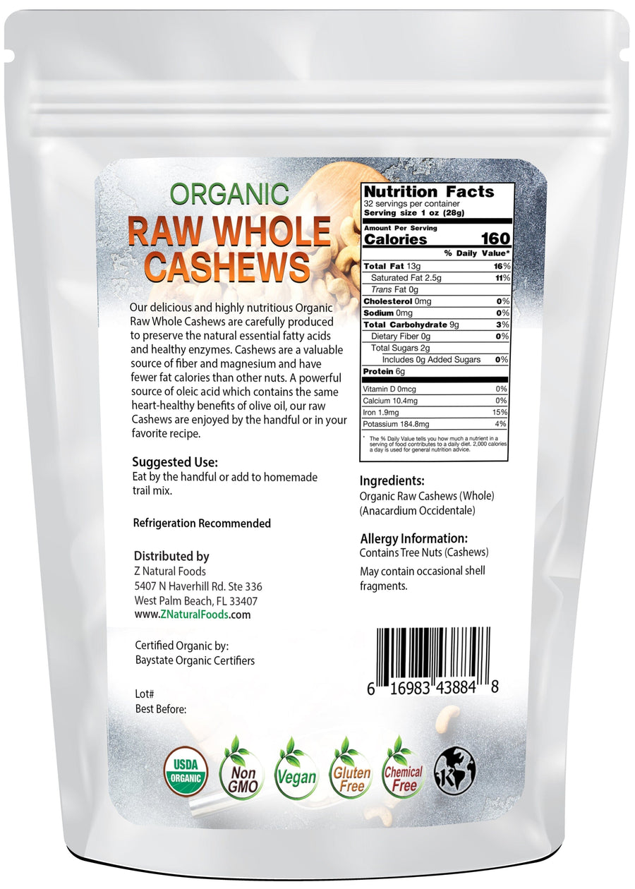 Cashews - Organic, Whole, Raw back of the bag image Z Natural Foods 