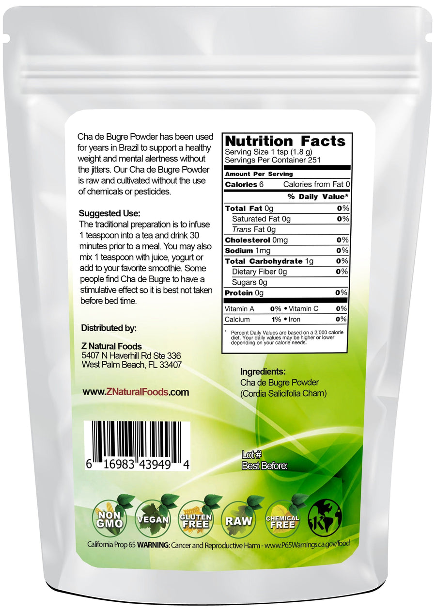 Cha de Bugre Leaf Powder back of the bag image Z Natural Foods 