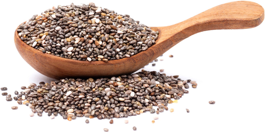 Chia Seeds in a pile on white background and also in wooden spoon 