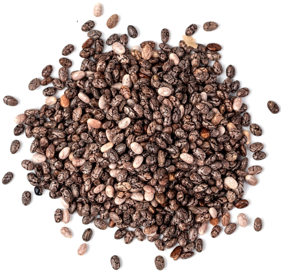 Chia Seeds in a pile on white background