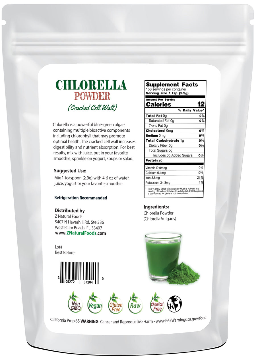 Image of back of the 1 lb bag of Chlorella Powder 