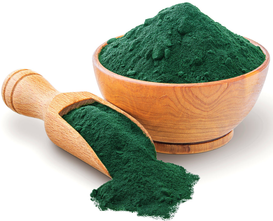 Image of green Chlorella powder in a wooden bowl and a wooden scoop next to it