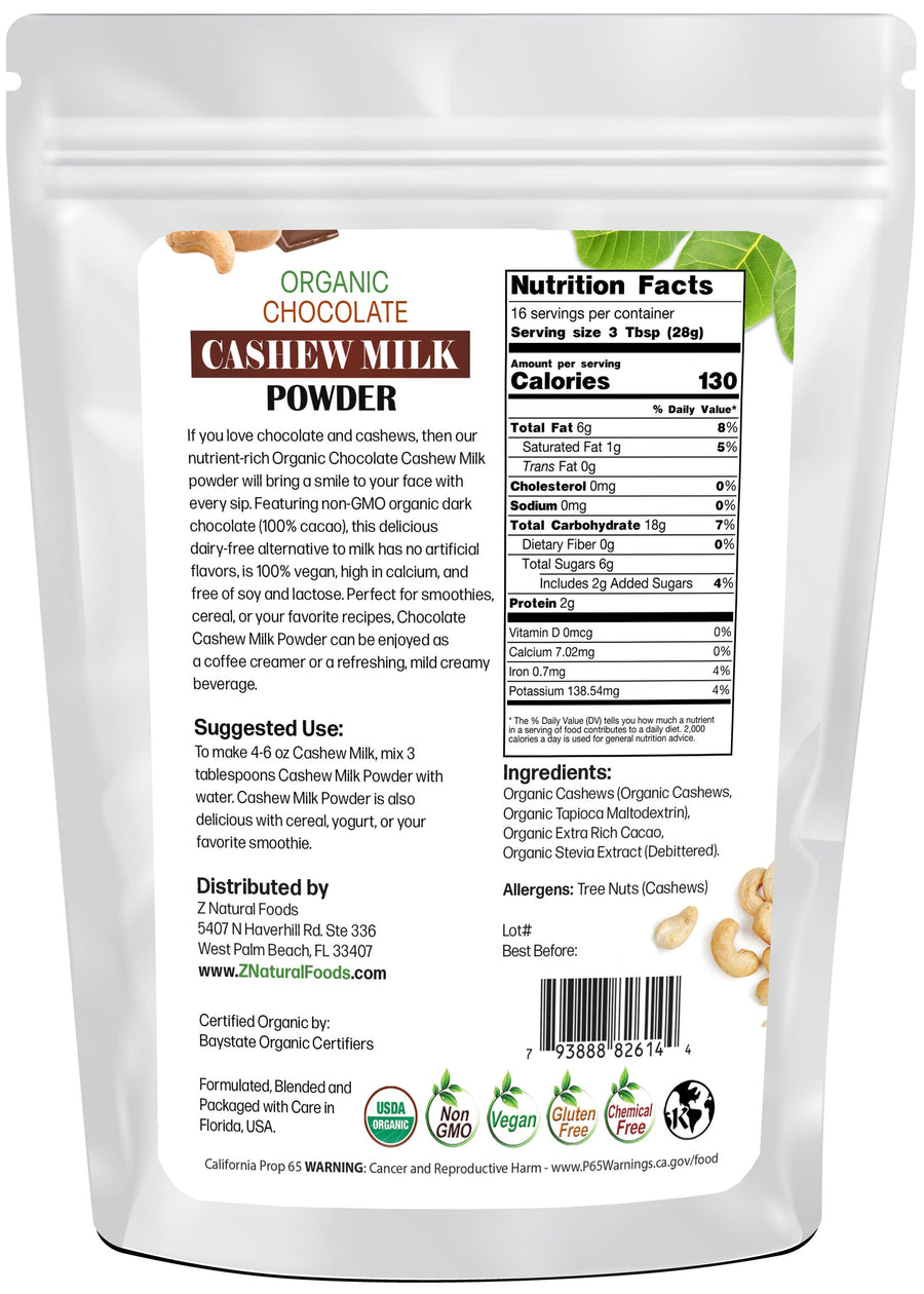 Chocolate Cashew Milk Powder - Organic back of the bag image Z Natural Foods 