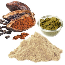 Image of cacao powder inside a cacao pod, pea protein powder and hemp protein powder in a clear container