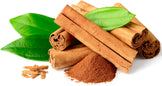 Image of 5 cassia Cinnamon sticks, powder and green leaves