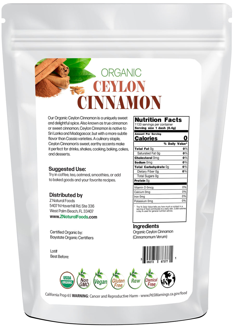 Cinnamon Powder (Ceylon) - Organic back of the bag image Z Natural Foods 