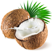 Image of an opened coconut with coconut milk splashing out of it and a green palm leaf behind it