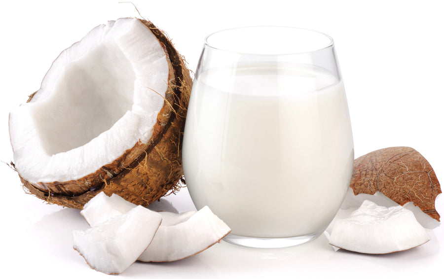 Clear glass of Coconut Milk with halved coconut and coconut meat pieces around it on white background.
