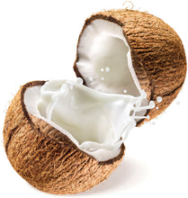 Image of halved Coconut with lower portion splashing coconut milk out of it on white background.