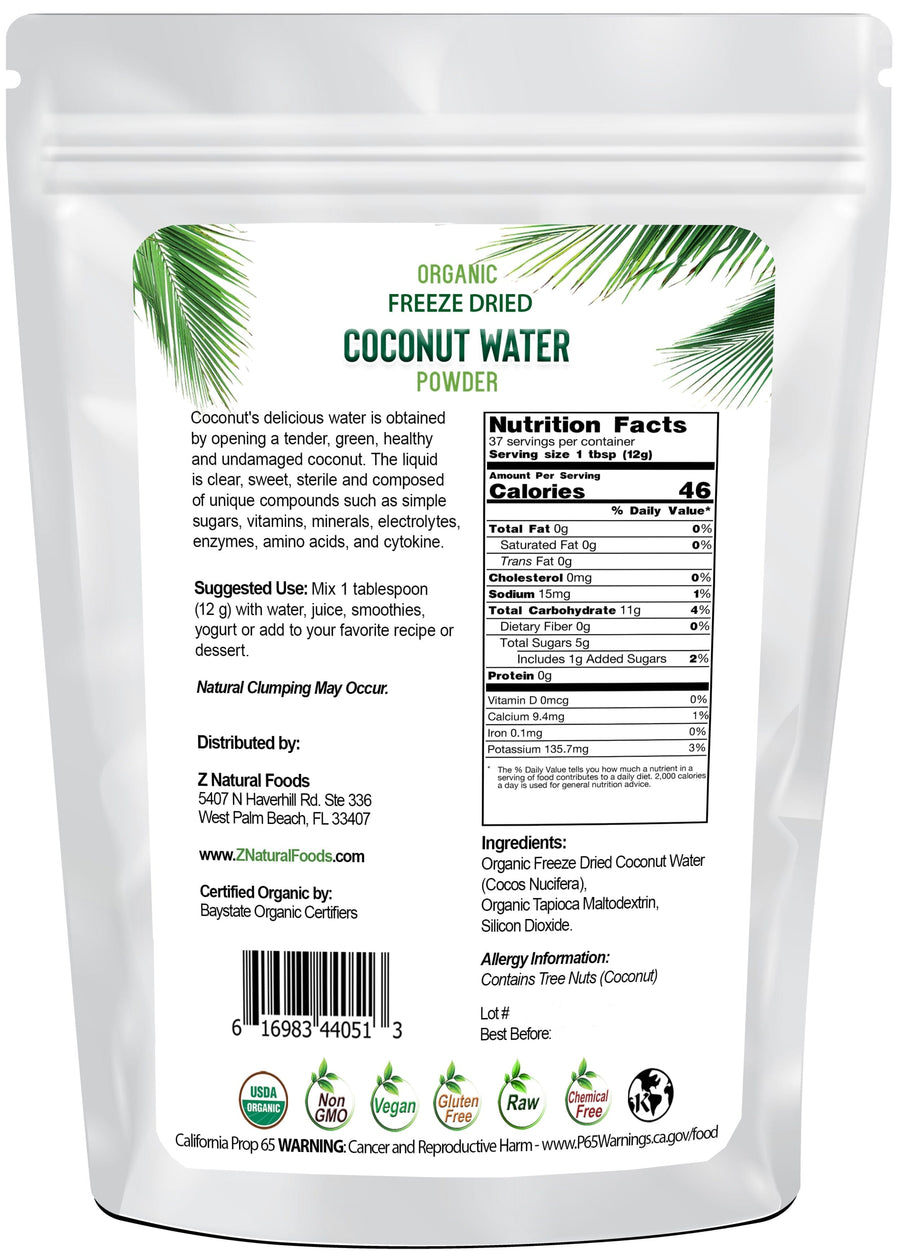 Coconut Water Powder - Organic Freeze Dried back of the bag image Z Natural Foods 