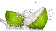 Image of coconut water splashing from half a coconut
