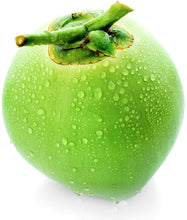 Photo of single unripe green coconut covered in water droplets 