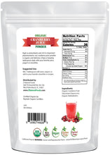 Photo of back of 1 lb bag of Cranberry Juice Powder - Organic Fruit Powders Z Natural Foods 