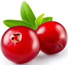 Image of 2 fresh cranberries and green leaves