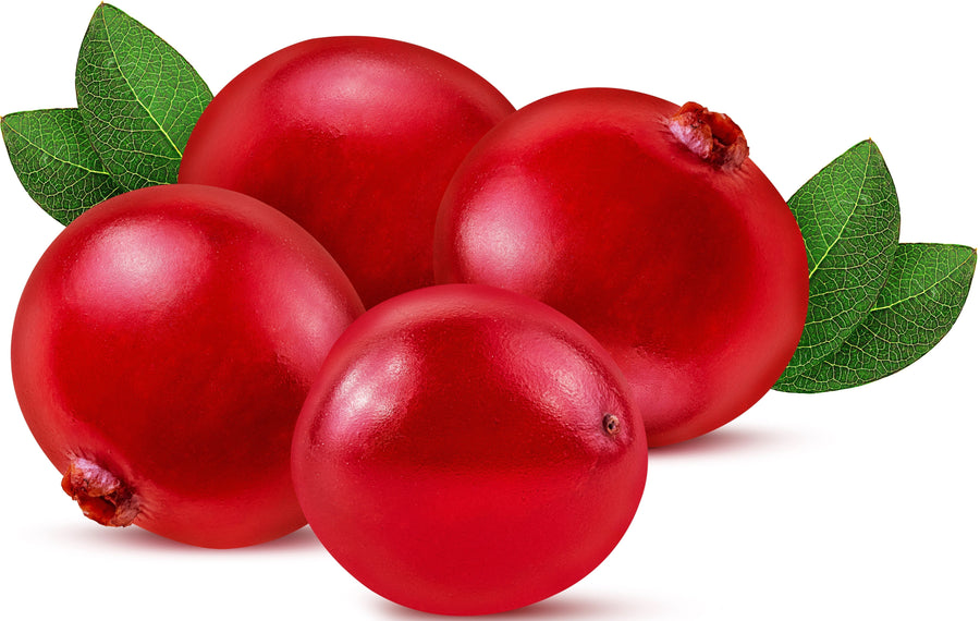 Image of 4 fresh cranberries and green leaves