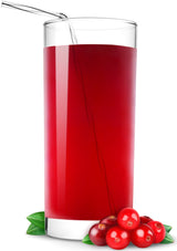 Tall clear glass of Cranberry juice with bent clear straw in it with seven cranberries in front of it on white background