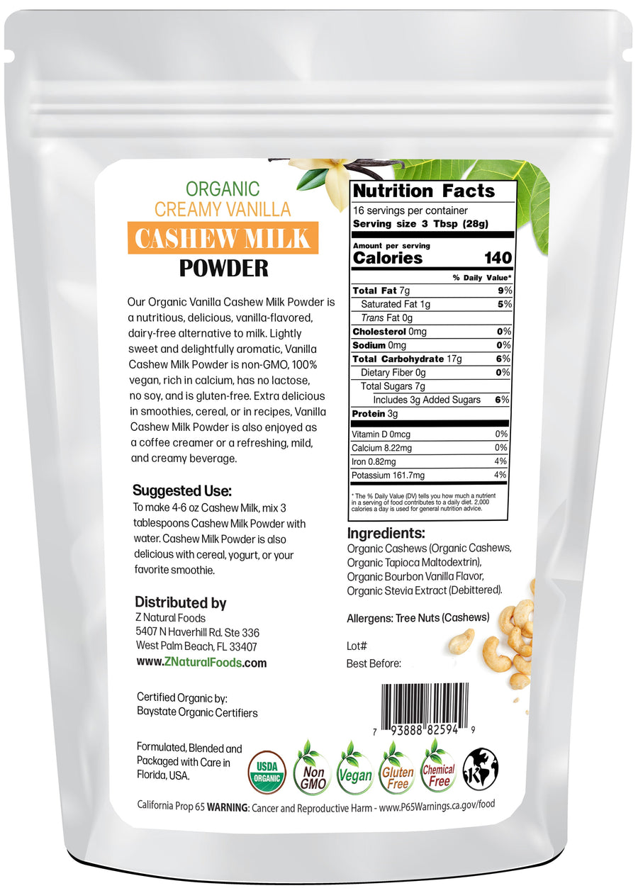 Creamy Vanilla Cashew Milk Powder - Organic back of the bag image Z Natural Foods 