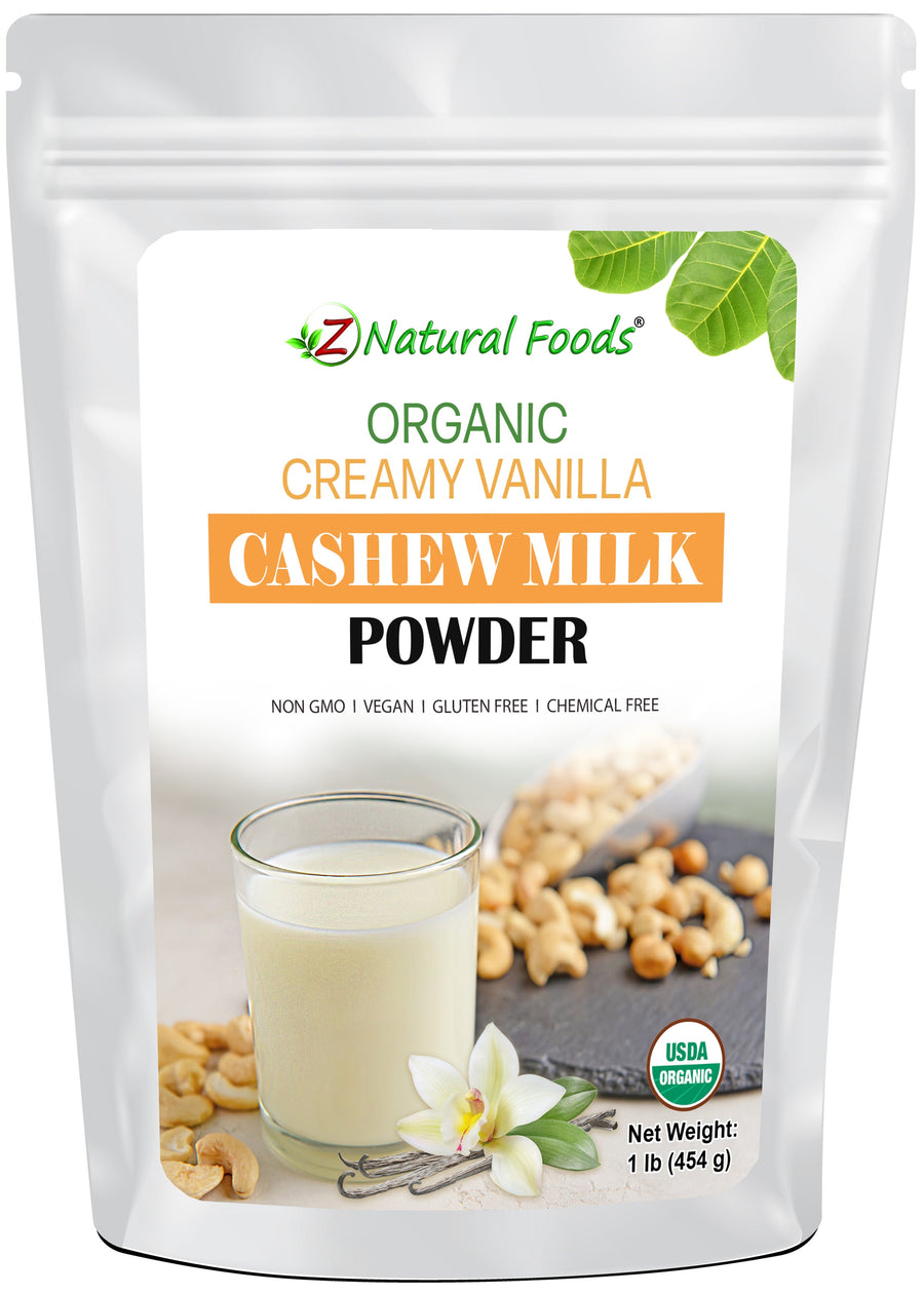 Image of front of 1 lb bag of Creamy Vanilla Cashew Milk Powder - Organic Z Natural Foods 