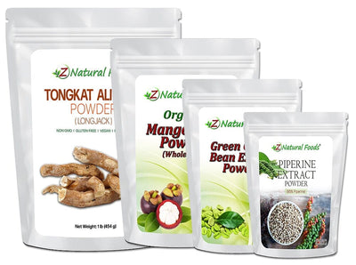 Photo of Sample tongkat ali, mangosteen green coffee extract, piperine extract powders Foil Pouches with Plastic Inner Lining (BPA Free) Supplies Z Natural Foods 