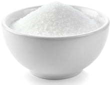 Photo of white porcelain bowl filled with Organic Erythritol crystals that look a lot like white table sugar crystals